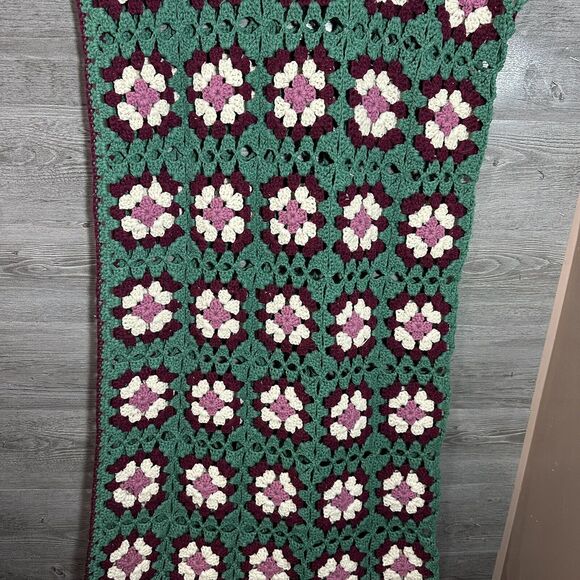 Handcrafted Floral Crochet Throw Blanket - Green, Purple, Cream - Picture 2 of 7